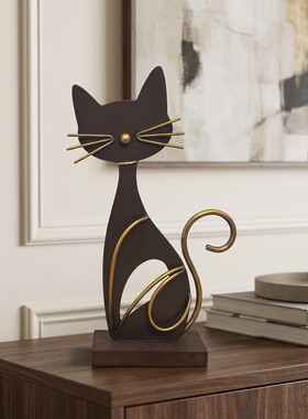 现代简约金色胡须尖耳黑猫摆件