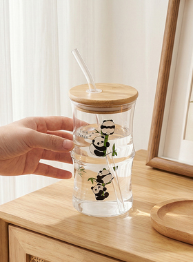 中式熊猫竹节杯子女新款2026好看玻璃杯简约牛奶杯家用吸管杯水杯