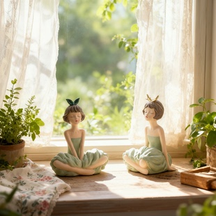 手工陶瓷女孩装饰摆件家居桌面工艺品森系气质亲子摄影道具