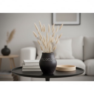 北欧侘寂风陶瓷花瓶黑色圆形手工陶艺居家装饰摆件简约