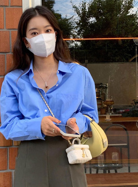 蓝色休闲衬衫女2026春季新款宽松设计感小众宽松长袖纯棉衬衣外套