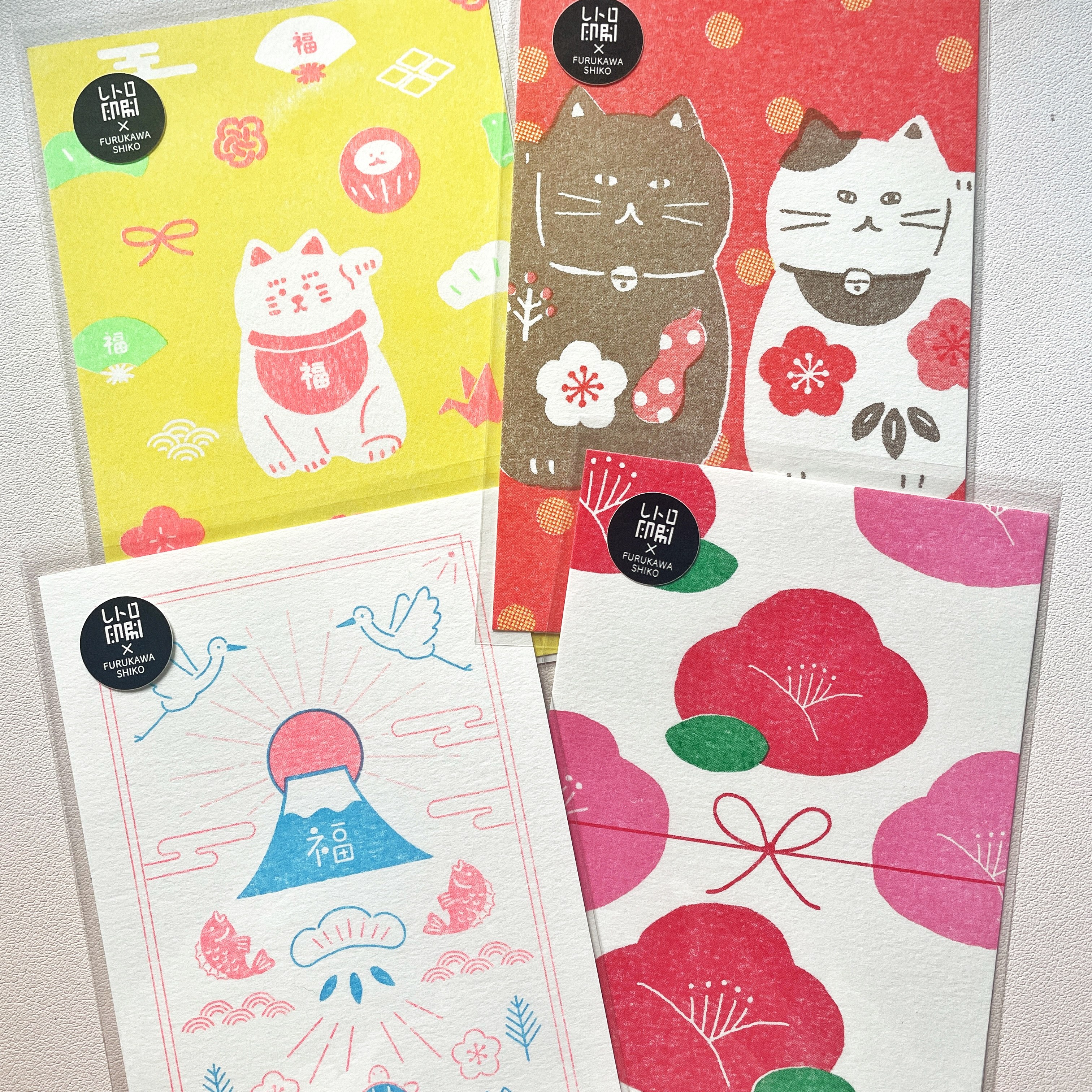 【现货】日本古川纸工复古印刷 招财猫 富士山 椿花水引明信片