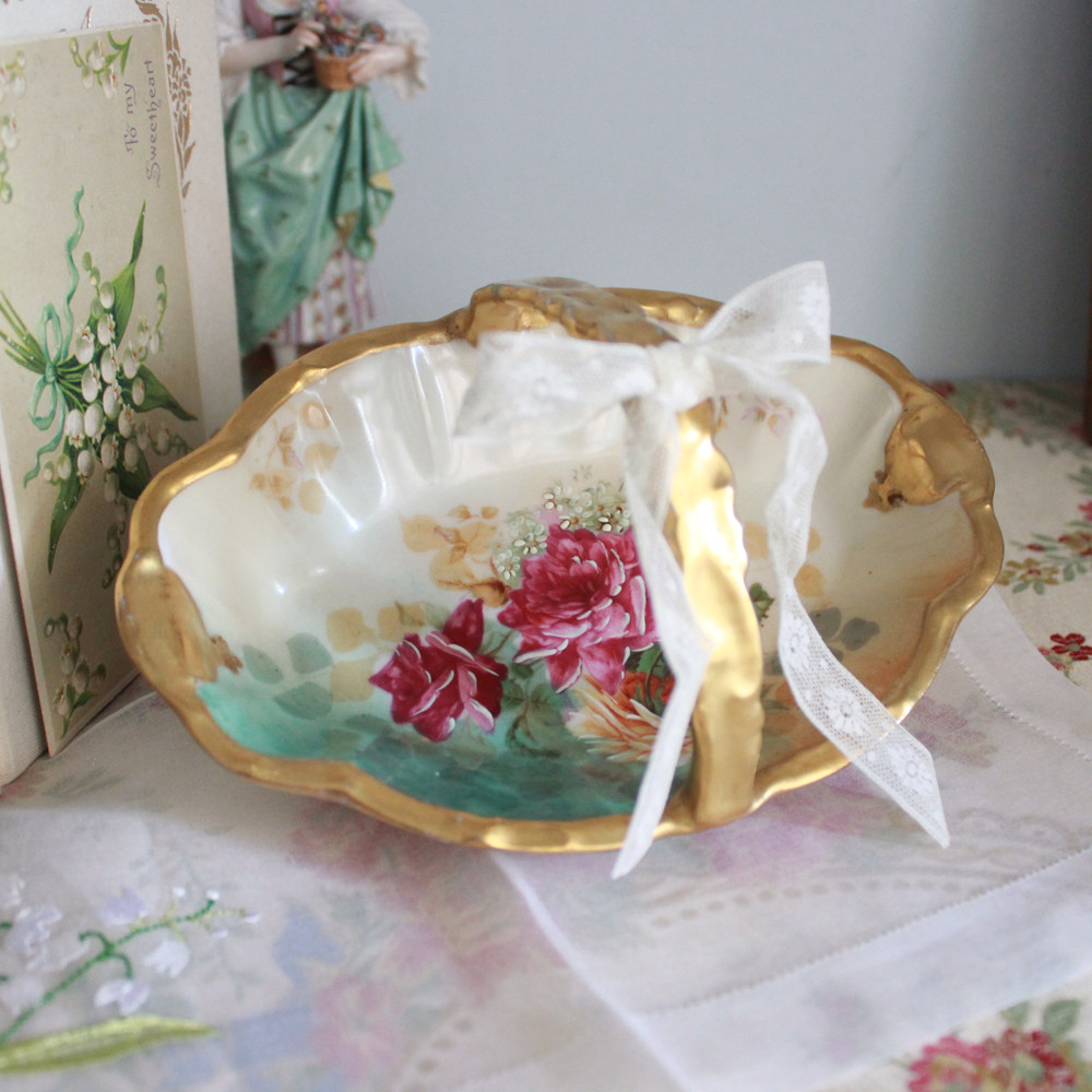 BonheurAntique 法国Limoges1900年代 精致半手绘 玫瑰古董瓷篮子