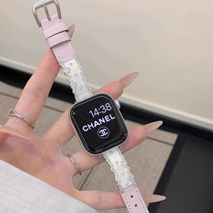 轻奢繁花拉丝金属手镯拼皮iWatchS11表带适用苹果AppleWatch手表