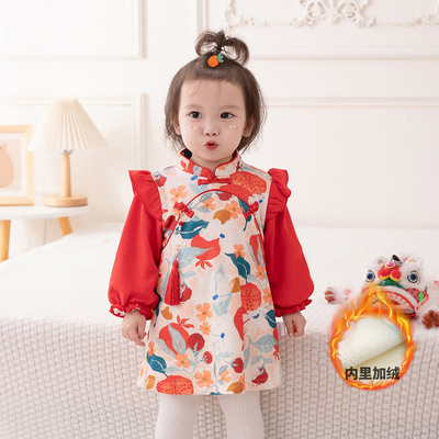 idea女童冬季加绒连衣裙2023宝宝加厚公主裙子喜庆周岁礼服装3350