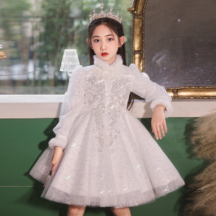 女童礼服冬季加绒花童婚礼小女孩公主裙儿童主持人钢琴演奏