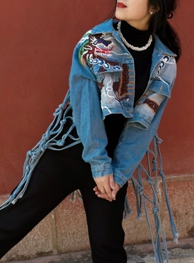 【独而不独】绣花牛仔外套 手工绣花流苏上衣民族风绣花短外套2-2