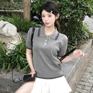 翻领短袖 短款 韩系灰色冰丝polo衫 T恤女夏季 上衣 修身 高级感针织衫