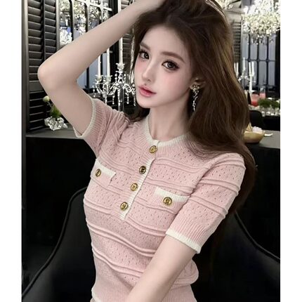 时尚法式小香风撞色圆领针织衫短袖女T恤夏新款白色金扣气质上衣