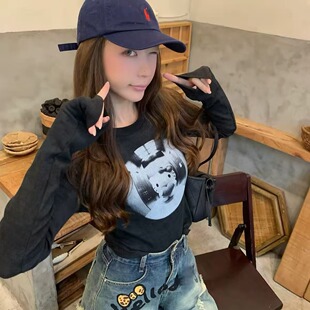时尚简约学院风印花T恤衫女上衣秋季新款韩版修身显瘦长袖打底衫