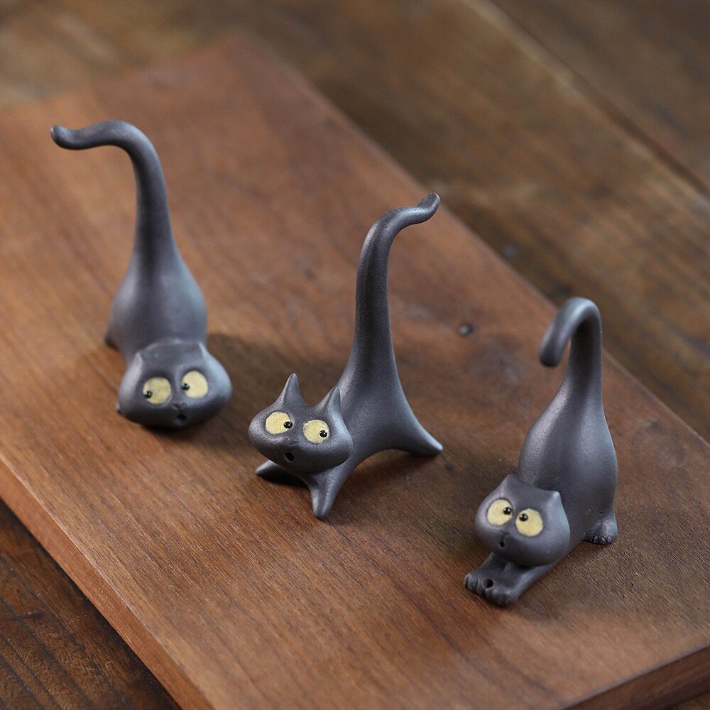 宜兴紫砂茶宠猫精品手工创意雕塑招财小猫小摆件手办潮玩可养