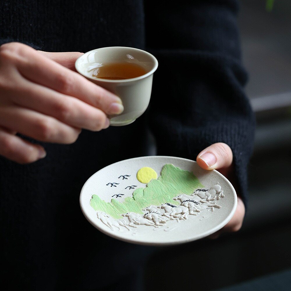 宜兴紫砂精品手工泥绘马杯垫茶盘壶承茶海杯垫水果盘茶具配件茶宠