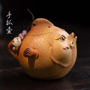 宜兴紫砂壶原矿手工泡茶壶鸿运当头金鱼河豚鱼手抓壶精美礼品茶具