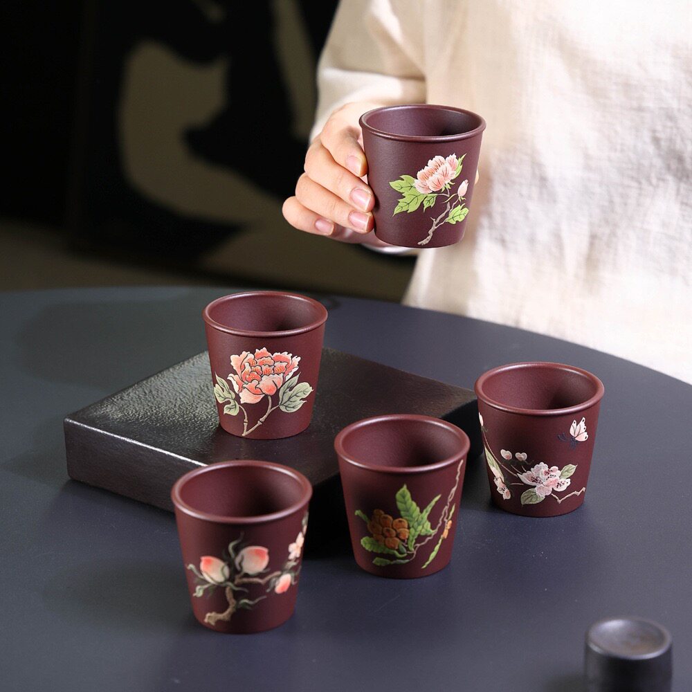 宜兴紫砂主人杯子手工陶刻泥绘品茗杯复古茶杯功夫茶具100cc