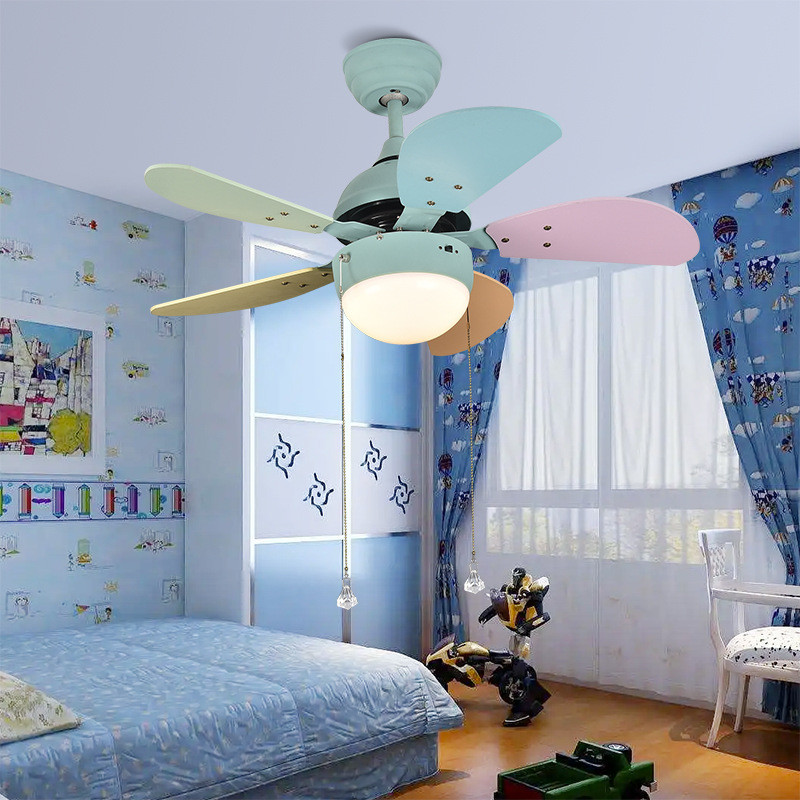 儿童房吊扇灯 幼儿园小孩房遥控风扇灯 卧室彩色木叶带电扇灯静音