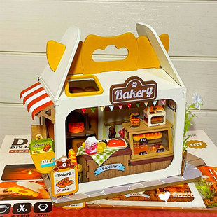 若来diy小屋熊仔家面包店牛奶盒子手工微缩场景积木房子模型礼物