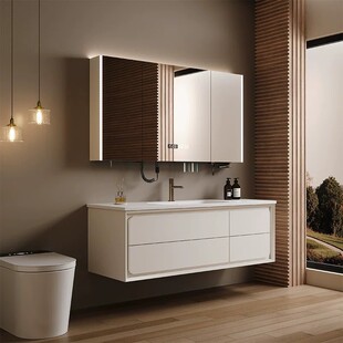 一体白色岩板热弯现代简约盆浴室柜组合洗漱台多功能智能浴室镜柜