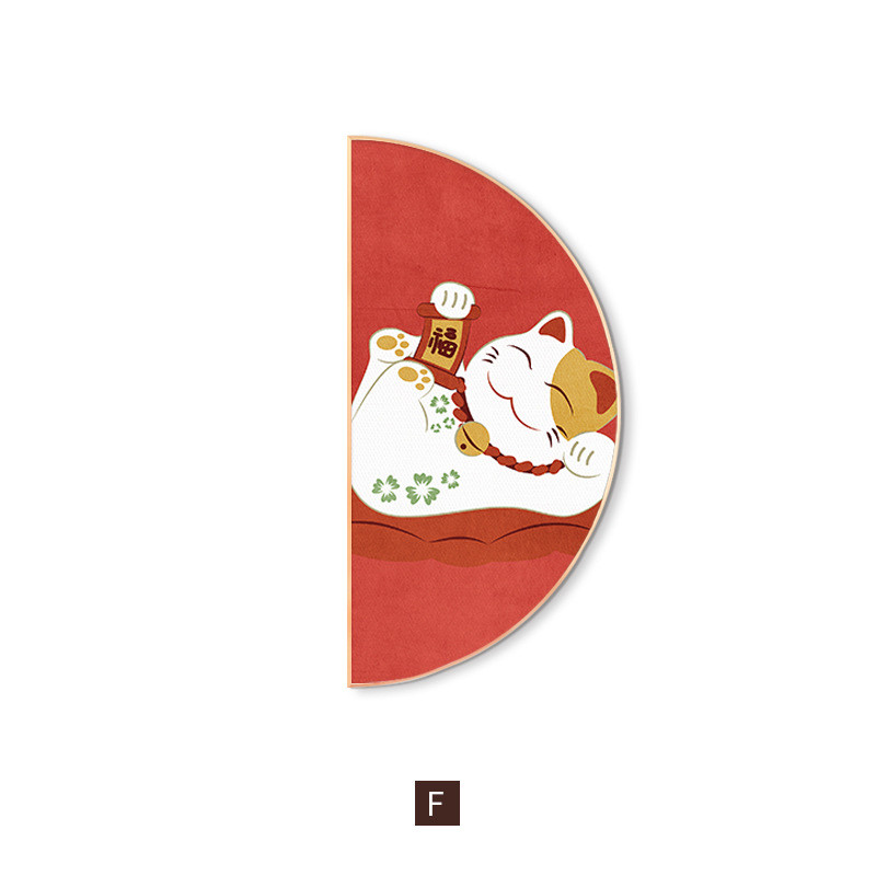 笑脸小猫日式装饰画餐厅壁画半圆形挂画中国红招财进宝猫玄关创意