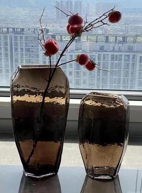热销花器色几何大号玻璃花瓶创意冰纹水培咖家居客厅样板间软装摆