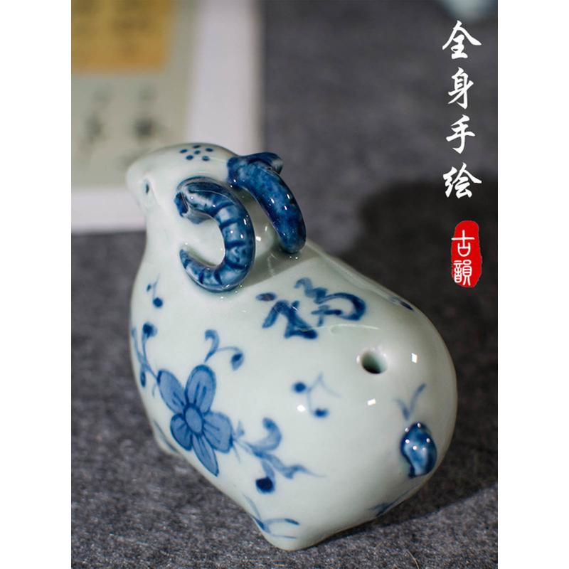 陶瓷手绘青花砚滴仿古墨水滴壶创意动物羊文房书滴国画砚台加水