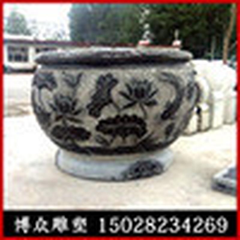 大理石鱼缸花盆青石仿古圆形养鱼池家用别墅酒店石雕花盆摆件