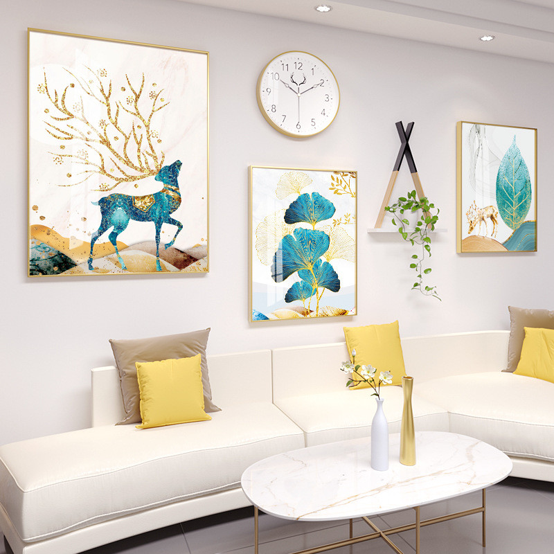 新中式客厅3框晶瓷铝合金装饰画钟表组合财鹿挂画饰品墙面卧室