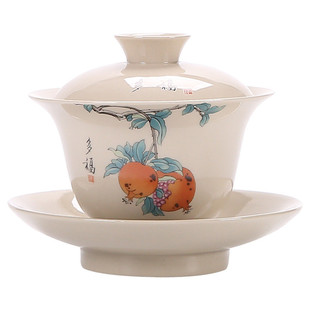 手绘盖碗大容量陶瓷家用茶具草木灰盖碗三才杯泡茶茶具 新款