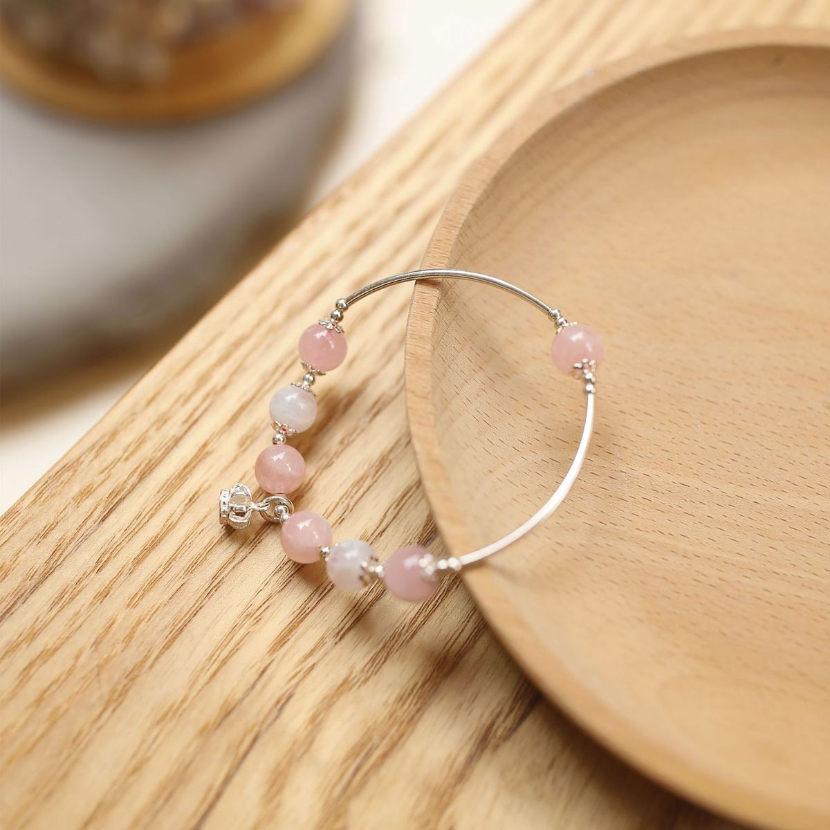 巧恩天然水晶手链粉水晶女S925银王冠公主首饰diy手串仙女手链