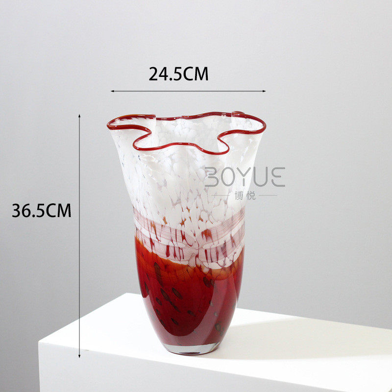 中古软装规则花瓣口琉璃花瓶重工琥珀橘渐变褶皱大口径花风不摆件