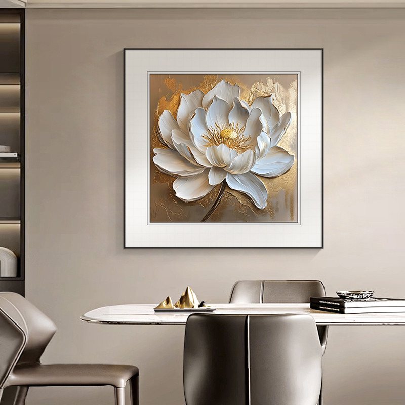 现代简约荷花餐厅挂画入户进门方形客厅装饰画轻奢高档酒店壁画图片
