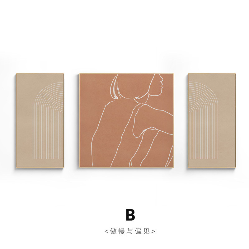 现代简约客厅三联装饰画轻奢华人挂画素描抽象创意组合壁画物大气图片