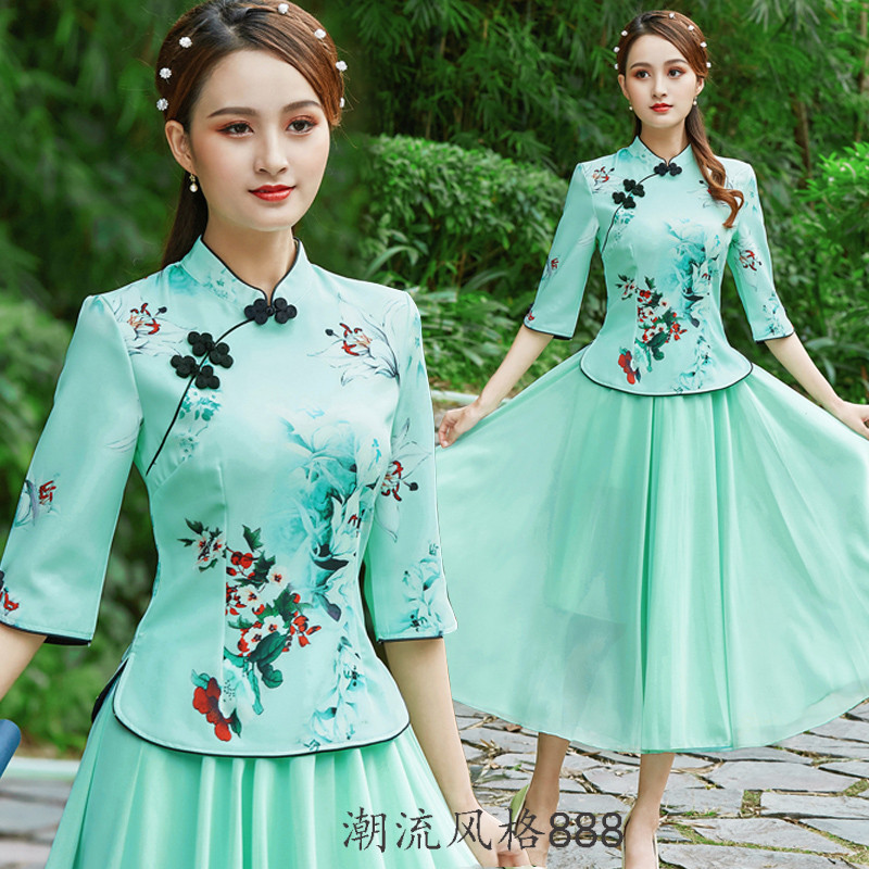 改良两件套中国风女士茶服民国女文艺表演服