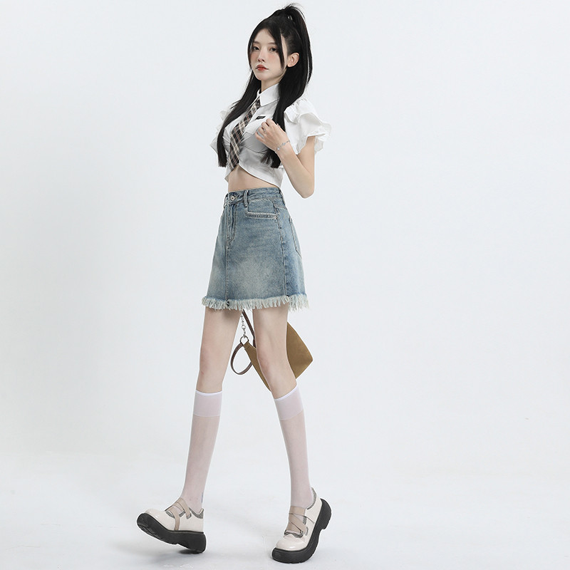 新品复古蓝毛边牛仔短裙女夏季新款高腰修身显瘦包臀a字半身裙小