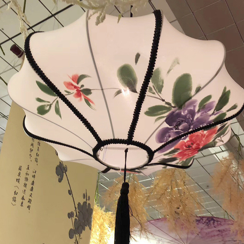 新中式灯笼布艺手绘画中国风空中吊顶装饰创意仿古典艺术婚庆吊灯