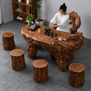 热销仿根雕喝茶茶台桌椅组合茶具套装 一体办公室家用阳台龙茶几茶