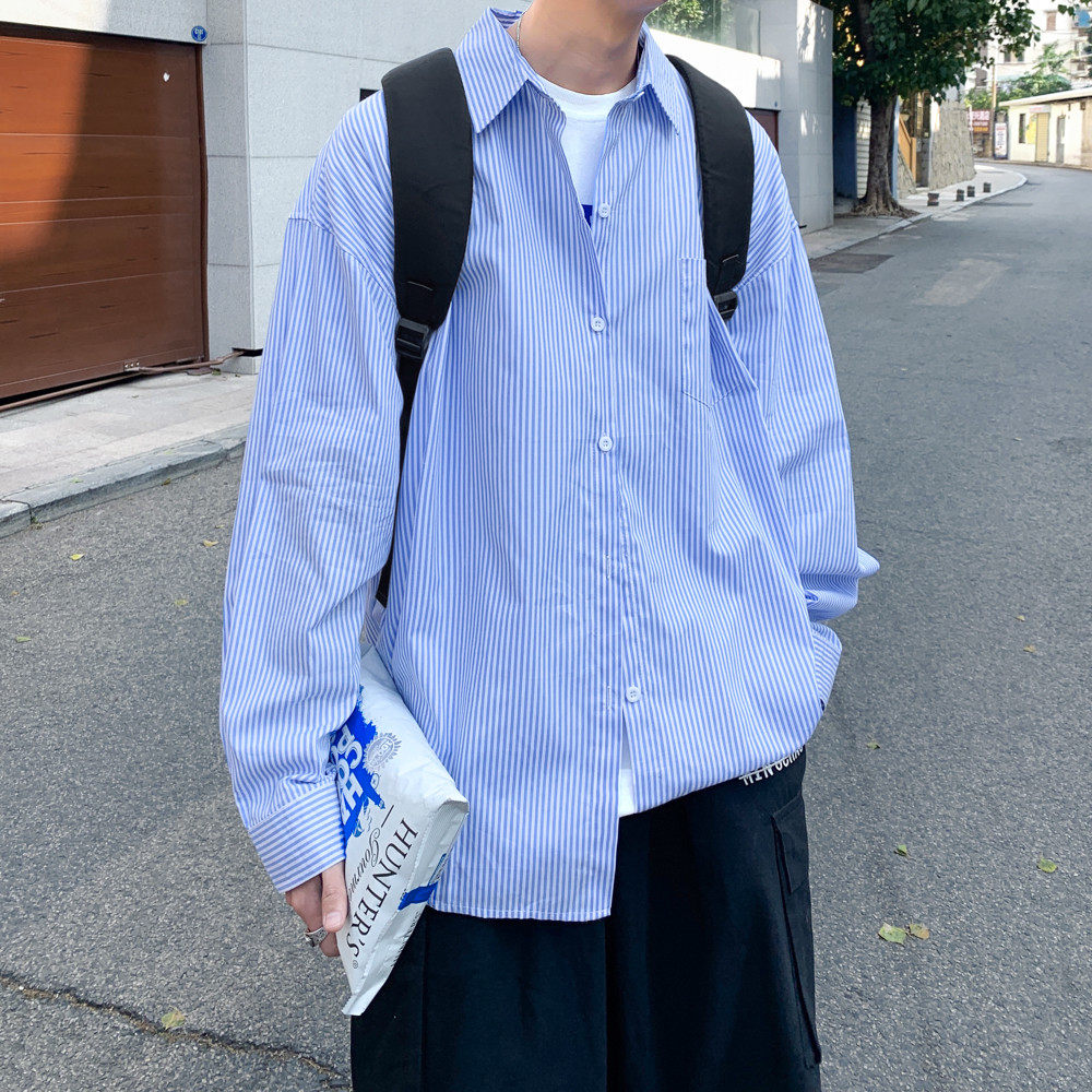 蓝色条纹衬衫男日系街头宽松情侣衬衣ins打底服薄款,男装,衬衫,淘宝优惠券,粉丝福利购,淘宝优惠卷