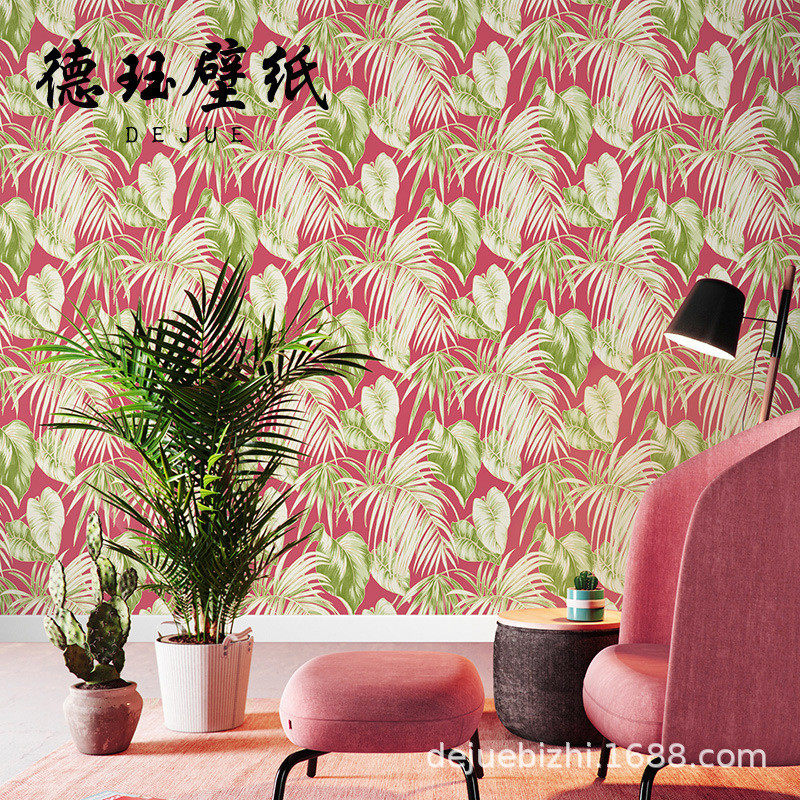 东南亚客厅绿色植物叶子棕榈叶墙纸芭蕉叶卧室主题酒店背景墙壁纸