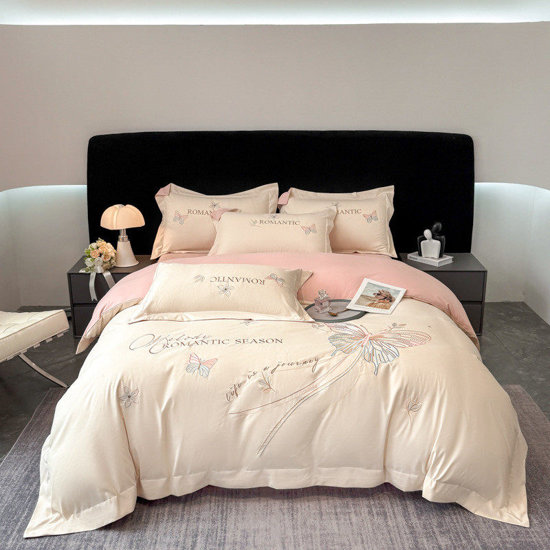 全棉被套贡缎棉四件套加厚高档刺绣磨毛蝴蝶款四件套礼品款可代发