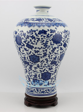 景德镇陶瓷花瓶摆件仿古青花瓷莲枝缠花瓶家居装饰工艺品