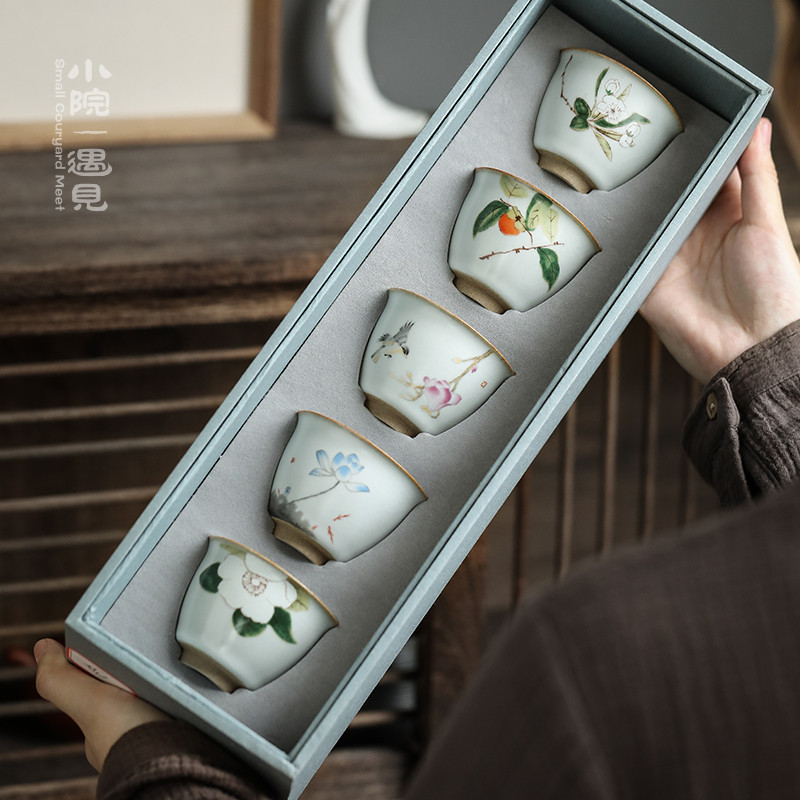 陶瓷汝窑品茗杯功夫茶具单杯茶盏开片可养主人杯茶杯套装礼品