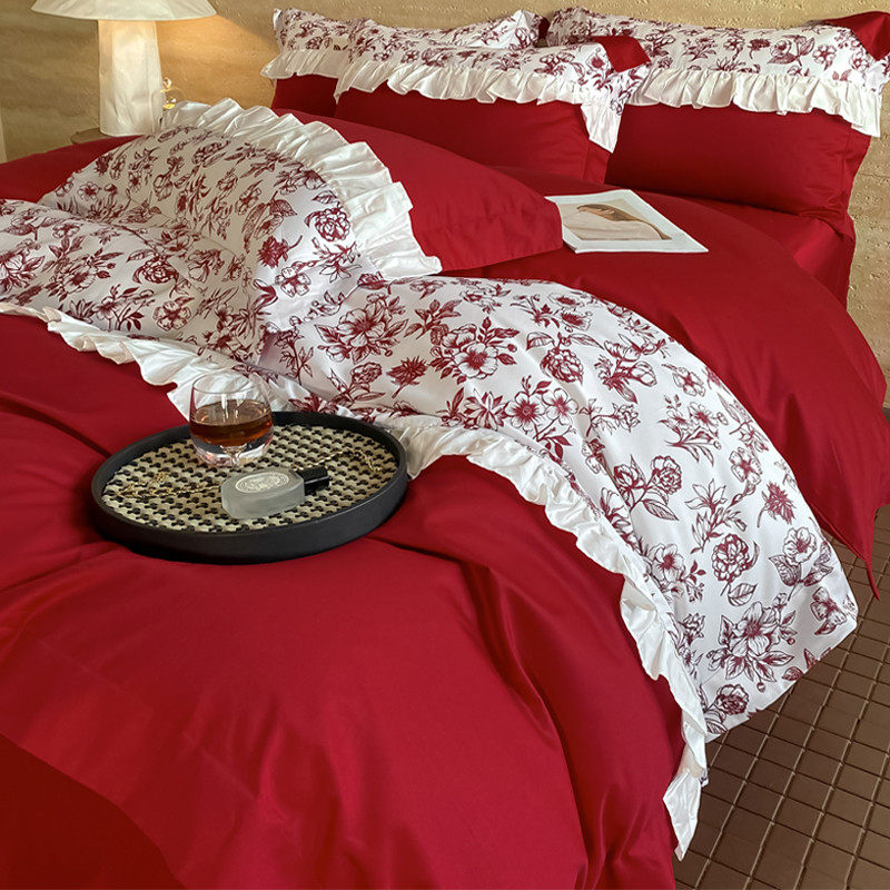 100支长绒棉结婚四件套婚房陪嫁大红色床单被套纯棉婚庆床上用品4,床上用品,婚庆床品套件,淘宝优惠券,粉丝福利购,淘宝优惠卷