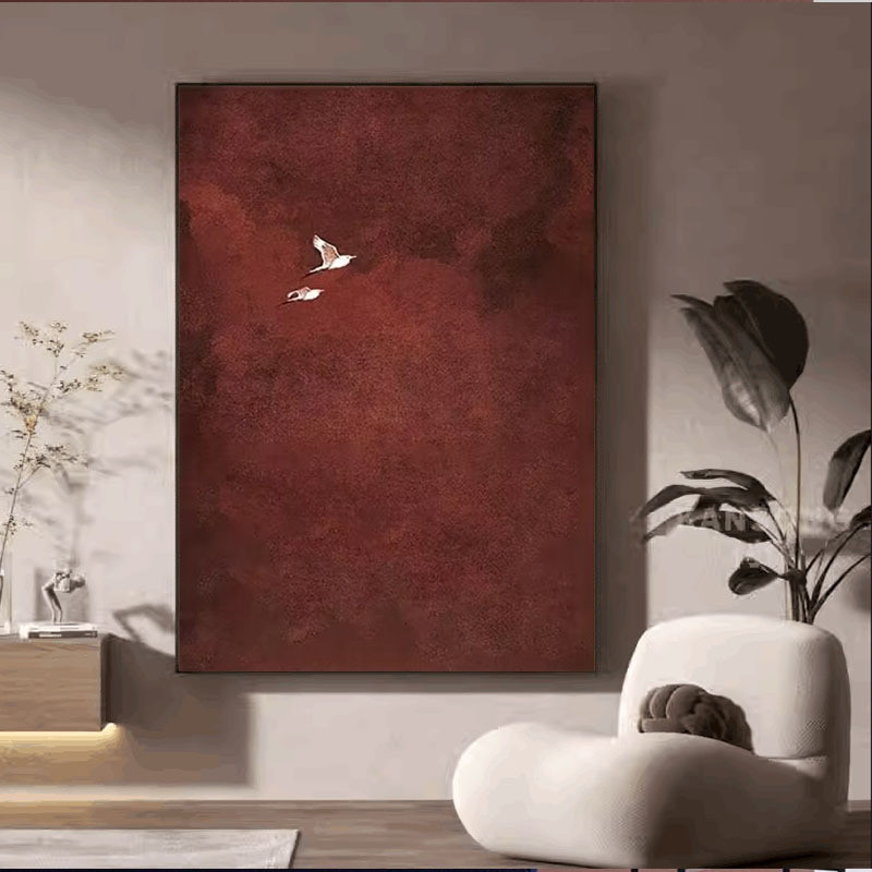 纯手绘油画红色客厅餐厅装饰画吉祥仙鹤小众玄关画手工肌理画成品图片