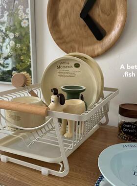*Fish store*日式简约白色碗盘杯子餐具收纳架铁艺木柄沥水控水架
