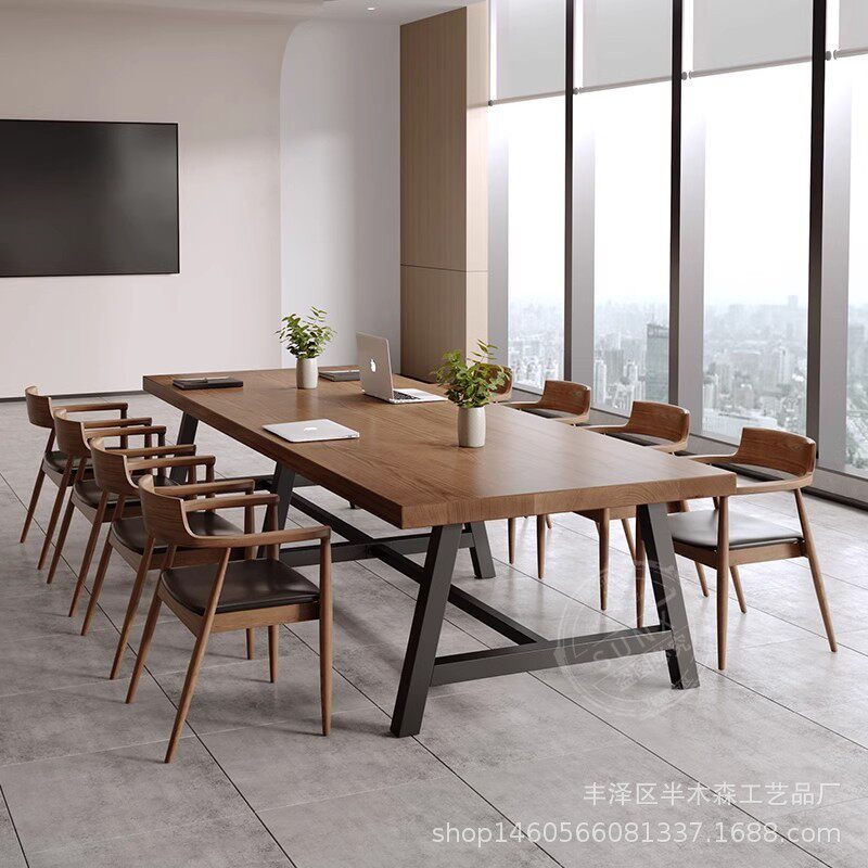 美式公司工业风会议桌职员工作台休闲长桌子简约复古办公实木桌椅