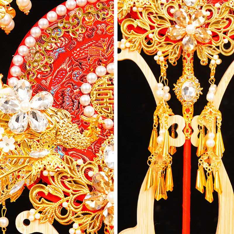 新娘扇团结婚扇子diy材料包古风中式出嫁秀禾手持金色双面喜扇