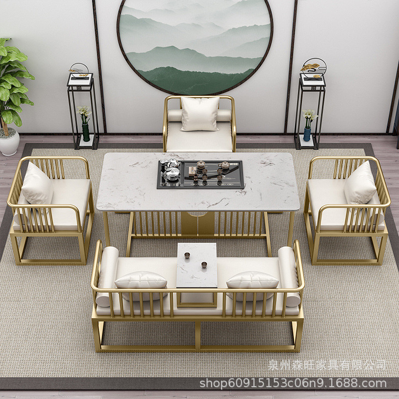 热销茶桌茶具套装一体板茶台新中式茶桌接待泡茶桌岩办公室茶桌椅