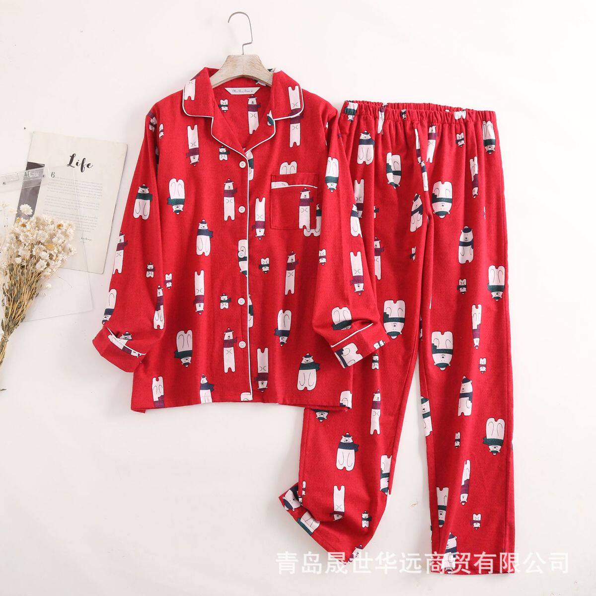 纯棉绒布女士睡衣家居服加肥大码简约宽松春秋冬卡通长袖长裤套装