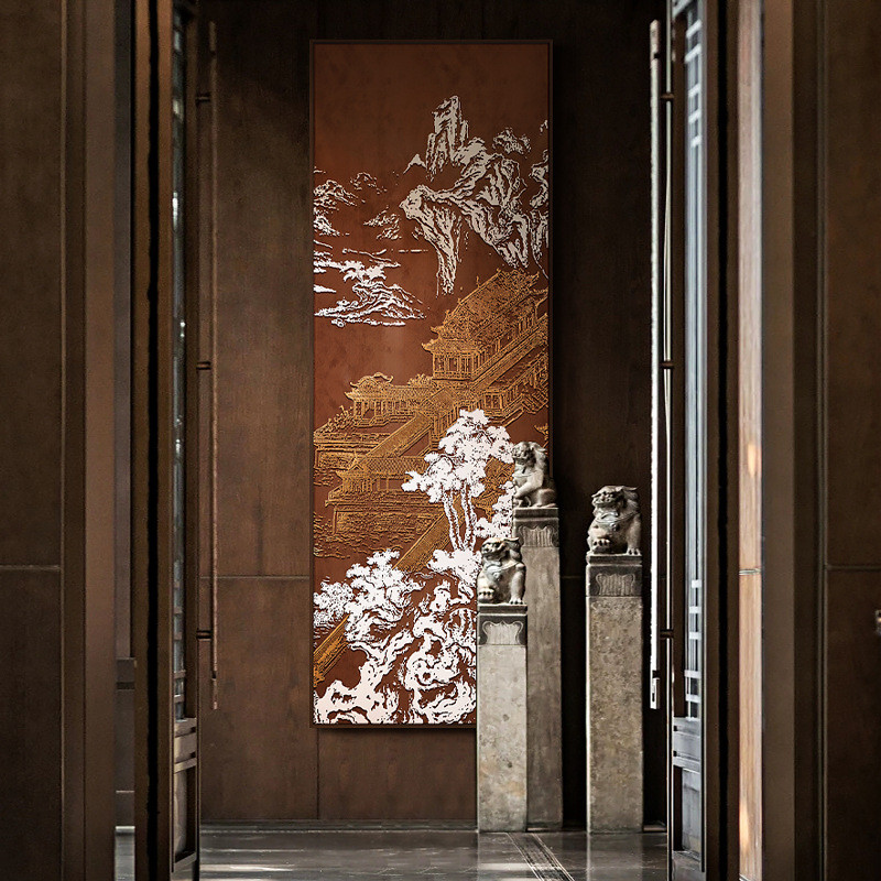 新中式入户玄关风景装饰画 养生馆浮雕肌理立体实物长条竖版挂画图片