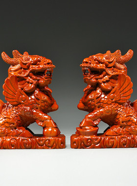 热销木制木雕麒麟摆件一对花梨家用办公室客厅卧室装饰工艺品开业