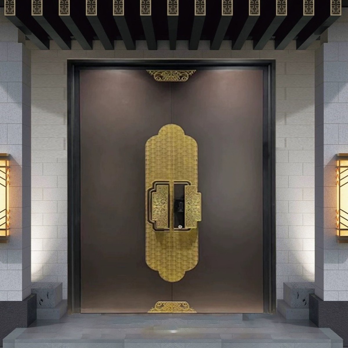 uh仿古中式别墅庭院对开大铁门双开门农村大门防盗门四开锌合
